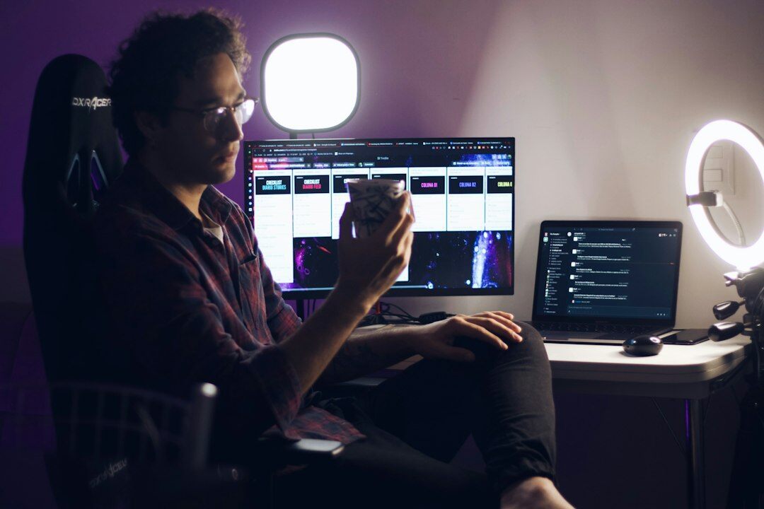 video editor working at desk